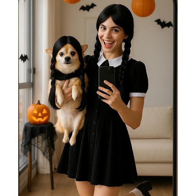 Swooflia Dog Wig - Black Long Braids Weds Pet Wigs for Small Large Medium Breed Dogs, Halloween Cosplay Costume Accessories for French English