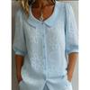 Elegante Camicia Ricamata con Fiori Casual Larga Retro Bottoni Manica Corta Colore Bambola Blusa Casual Monocolore Dolce Moda Ufficio Top Basici