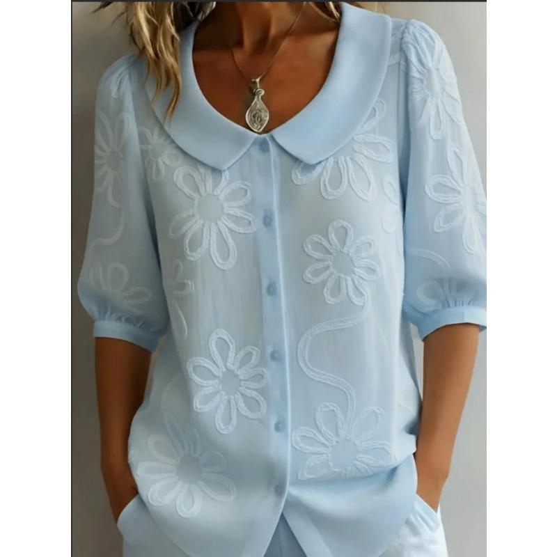 Elegante Camicia Ricamata con Fiori Casual Larga Retro Bottoni Manica Corta Colore Bambola Blusa Casual Monocolore Dolce Moda Ufficio Top Basici