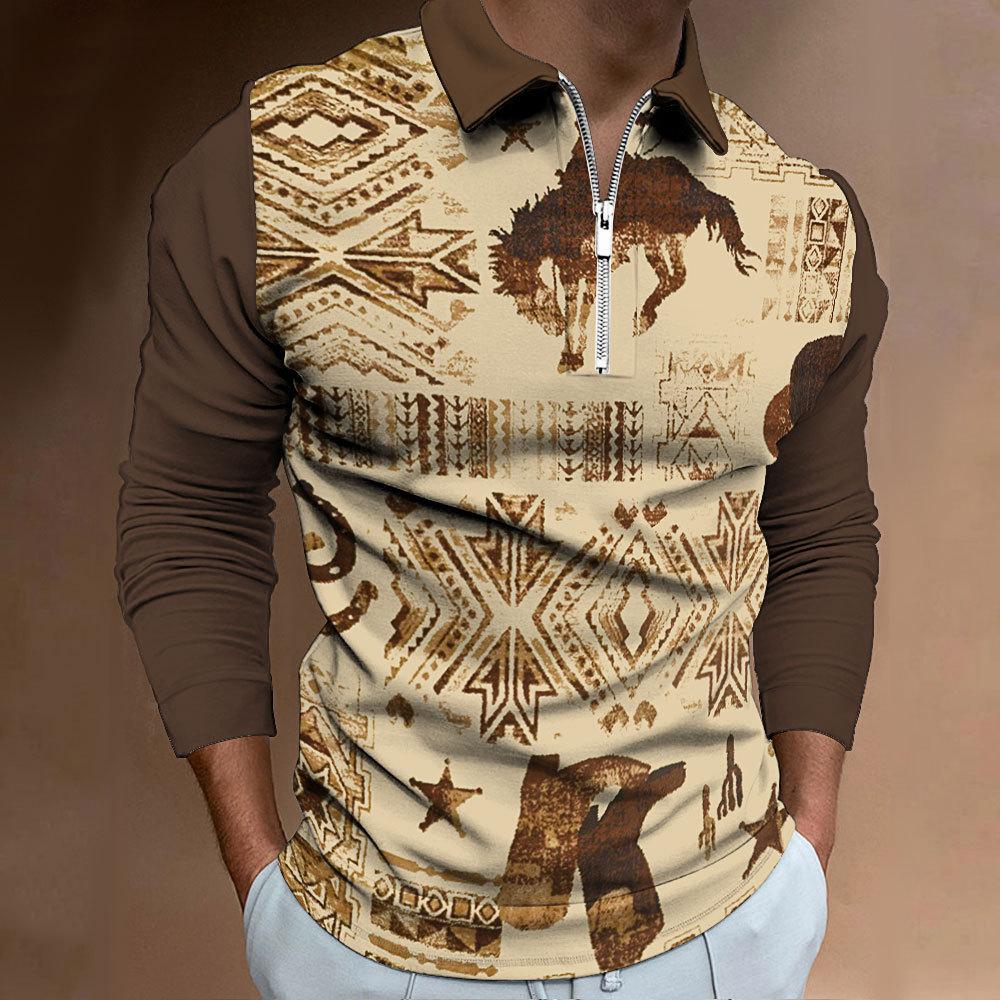 

Мужская повседневная приталенная футболка-поло с длинным рукавом на молнии и лацканами с цифровой печатью M