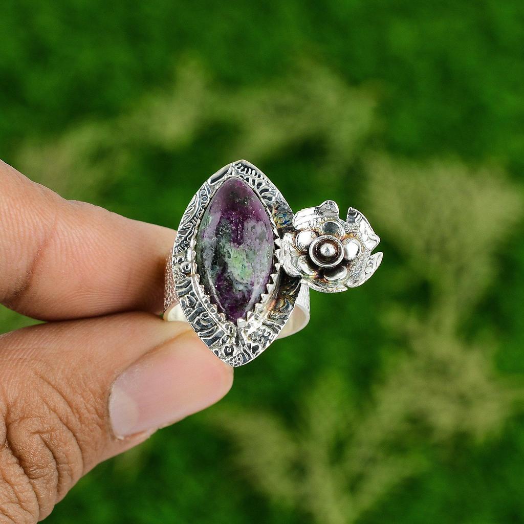 Natural Ruby Zoisite Gemstone Statement Flower Ring Size 7 925 Sterling Silver
