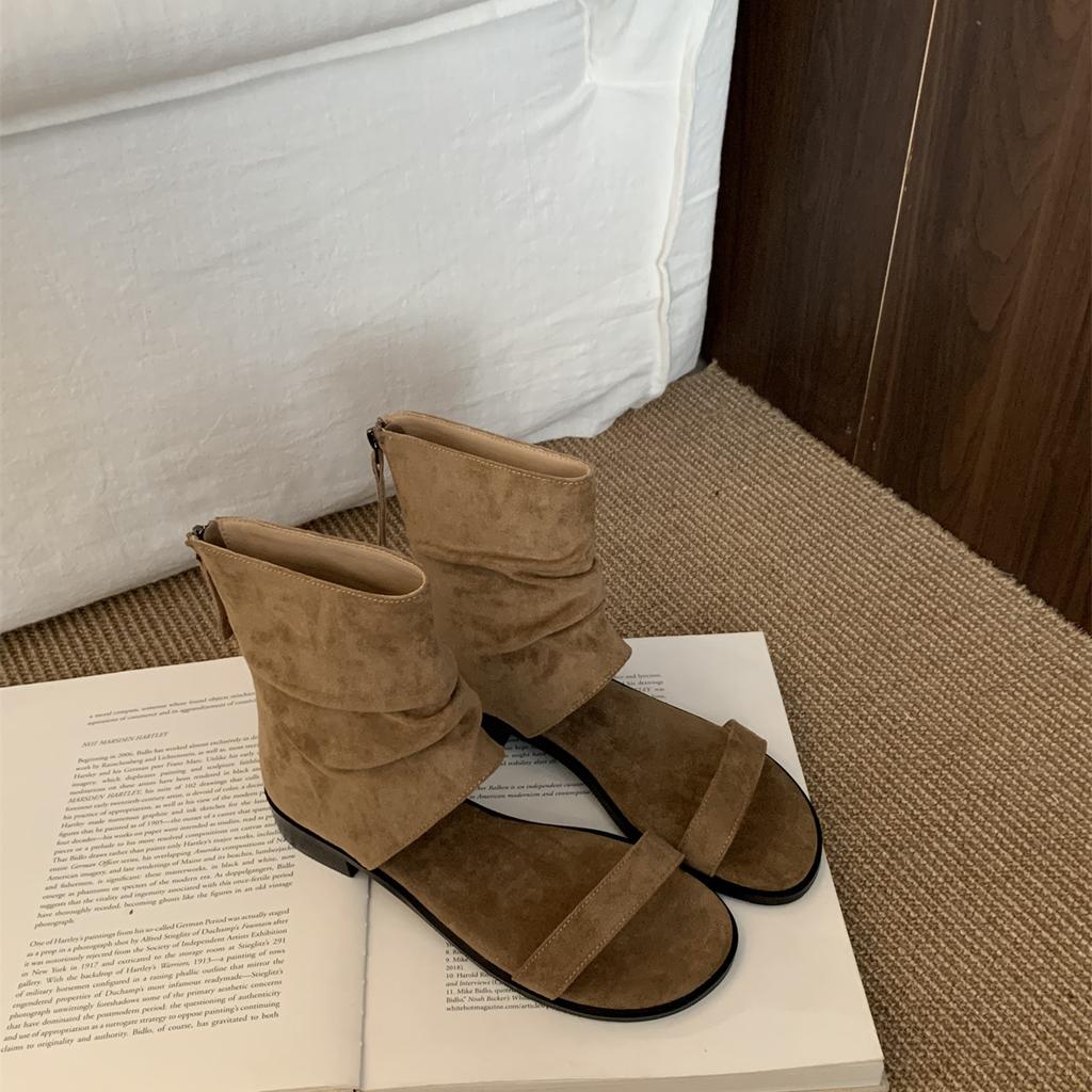 2025 Sommer neue Mode Falten Internet-Berühmtheit Fleeceleder Reißverschluss hinten coole Stiefel Koreanische Version Zehen offen dicker niedriger Absatz Römische Sandalen