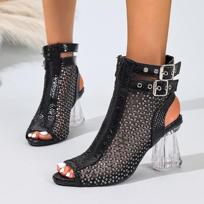 

Women s Outer Wear Rear Zipper 2026 Summer New Roman Cool Boots Gauze Mesh Hollow Open Toe Block Heel Fish Mouth Sandals 35 чёрный