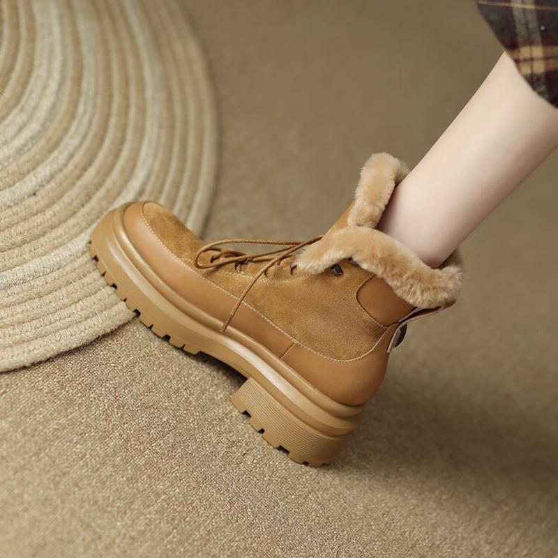 2024 New Popular Cross-Tied Women Ankle Boots Winter Warm Wool Snow Boots Genuine Leather Thick Heels Casual Outdoor Shoes Woman