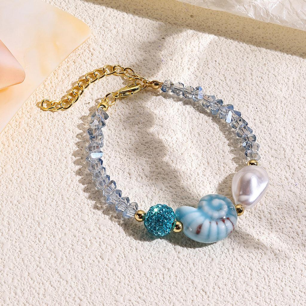 Handmade Ceramic Starfish Snail Beaded Bracelet With Sweet Crystals Accent Adjustable Length for Women Girls