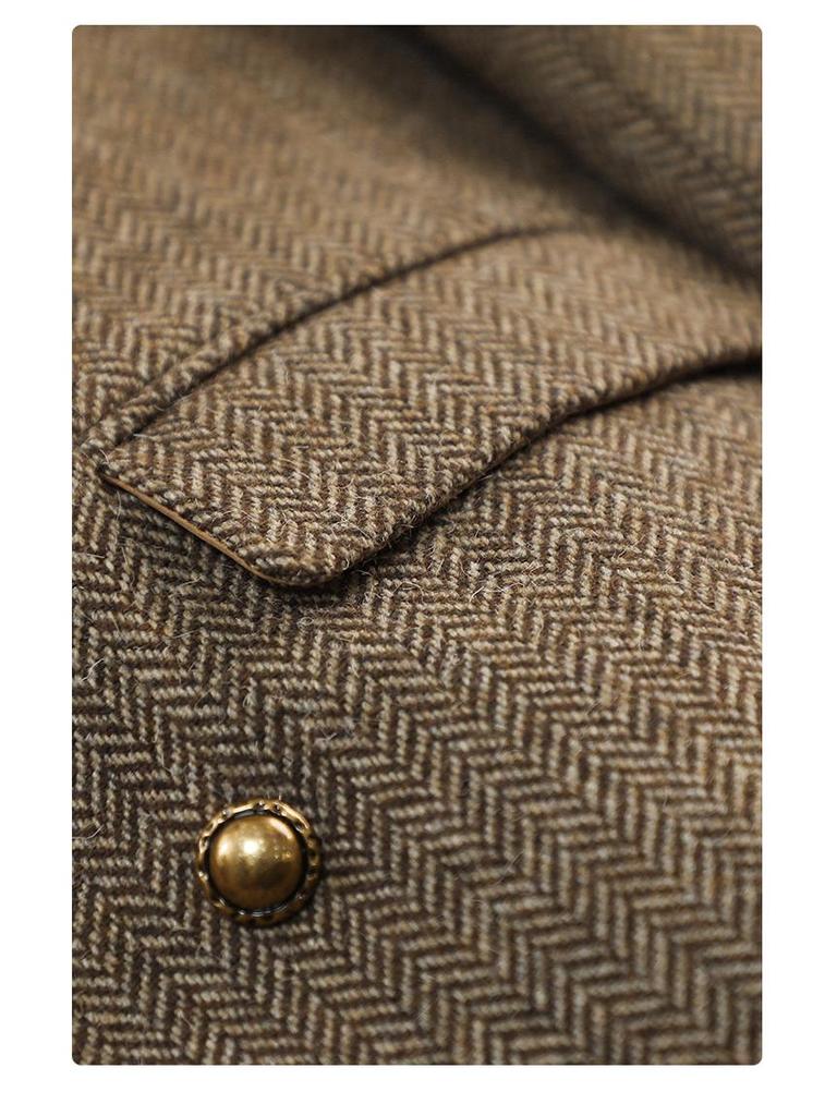 Women's Coffee-Colored Wool Blend Suit Jacket - Winter 2025, Padded, Thick, Loose Fit, Large Size.