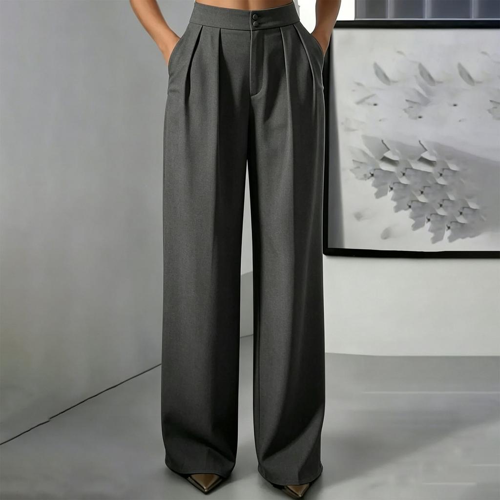 Women's High Waisted Straight Leg Dress Pants with Pockets, Elastic Waist Button Closure Loose Fit Trousers for & Casual Wear