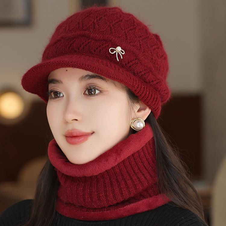 Fashionable and Versatile Wool Peaked Hat with Velvet Ear Protection  Mother's Hat  Cold Proof Knitted Hat
