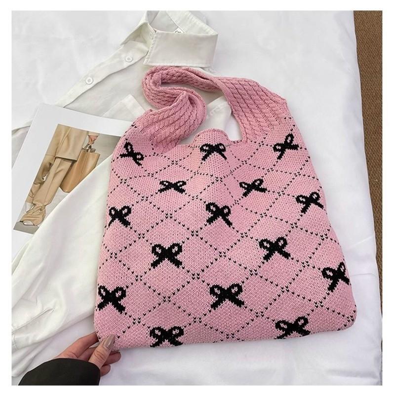 Chegada Nova 2026 Moda Ins Feminina Bolsa Tote de Tricô Grande Capacidade Padrão de Laço Bolsa de Ombro Tecida para Uso Diário