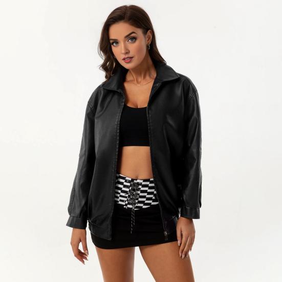 Women Winter Faux Leather Coat Zipper Long Sleeve Jacket with Lapel Solid Color And Pockets Boyfriend Motorcycle Streetwear
