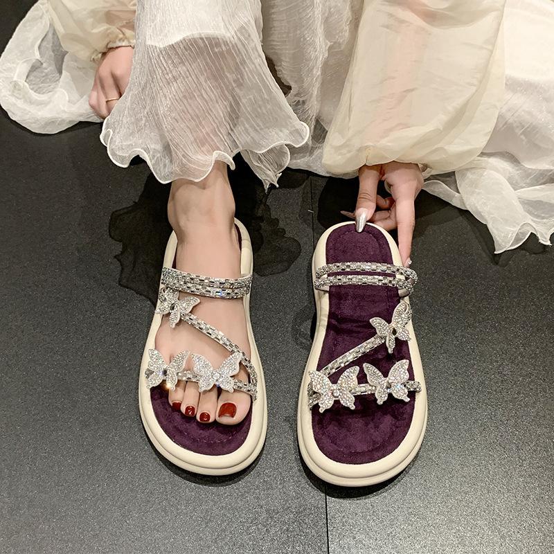 Bow Thick Bottom Cover Toe Cool Slippers Women's Outer Wear 2025 Summer New Fashion Muffin Rhinestone Slippers