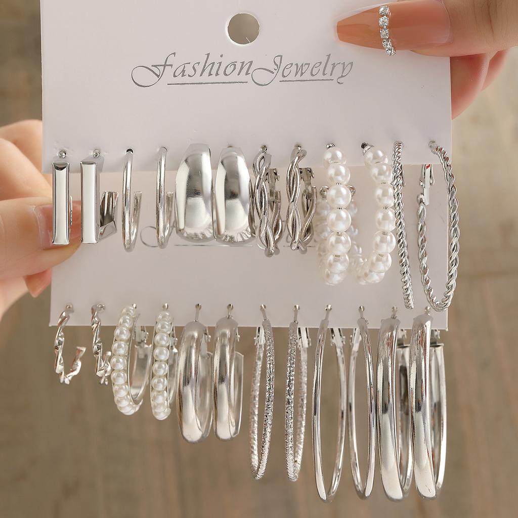 60 Stück/Set Modische Ohrringe Für Damen Boho Vintage Silberfarbe Geometrisches Design Perle Strass Steckerohrringe Schmuck Geschenke Neu
