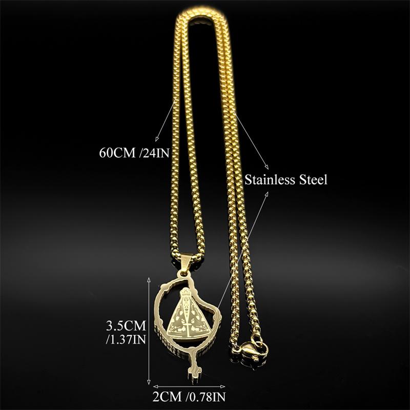 Brazilian Our Lady Of Aparecida Necklace for Men Women Stainless Steel Gold Color Virgin Mary Cross Chain Jewelry Colar