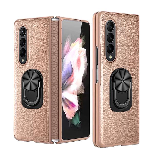 Luxury Leather Ring Holder Hinge Protector Full Protection Phone Cover For Samsung Galaxy Z Fold 4 Case Shockproof Kickstand