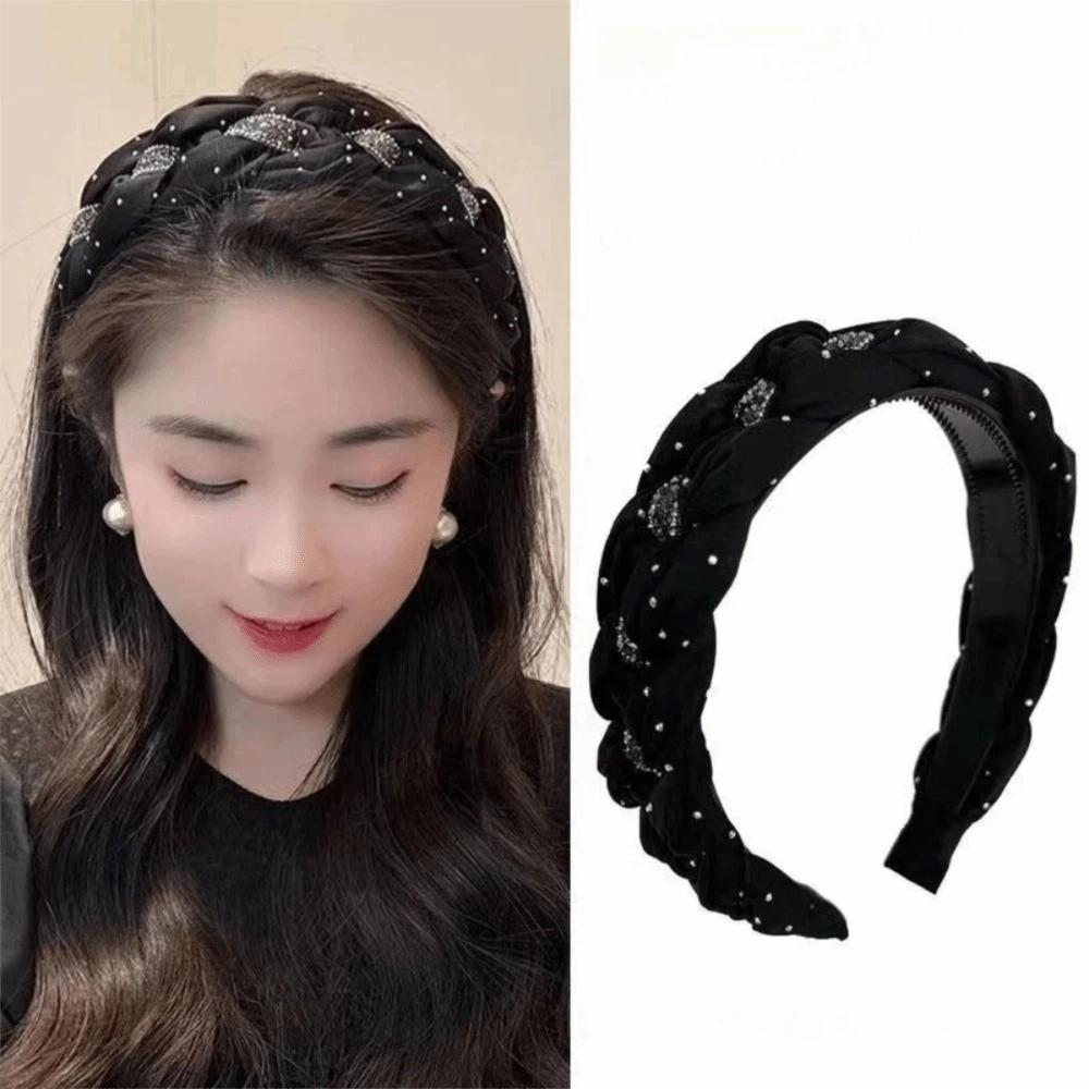 Twisted Knotted High Cranial Hair Hoop Soft Fabric Braided Hairband Rhinestone Headband Daily Use