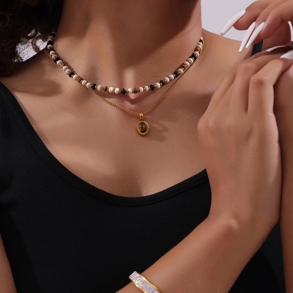 Double-Layered Tiger's Eye Beaded Necklace with Titanium Steel Clavicle Chain