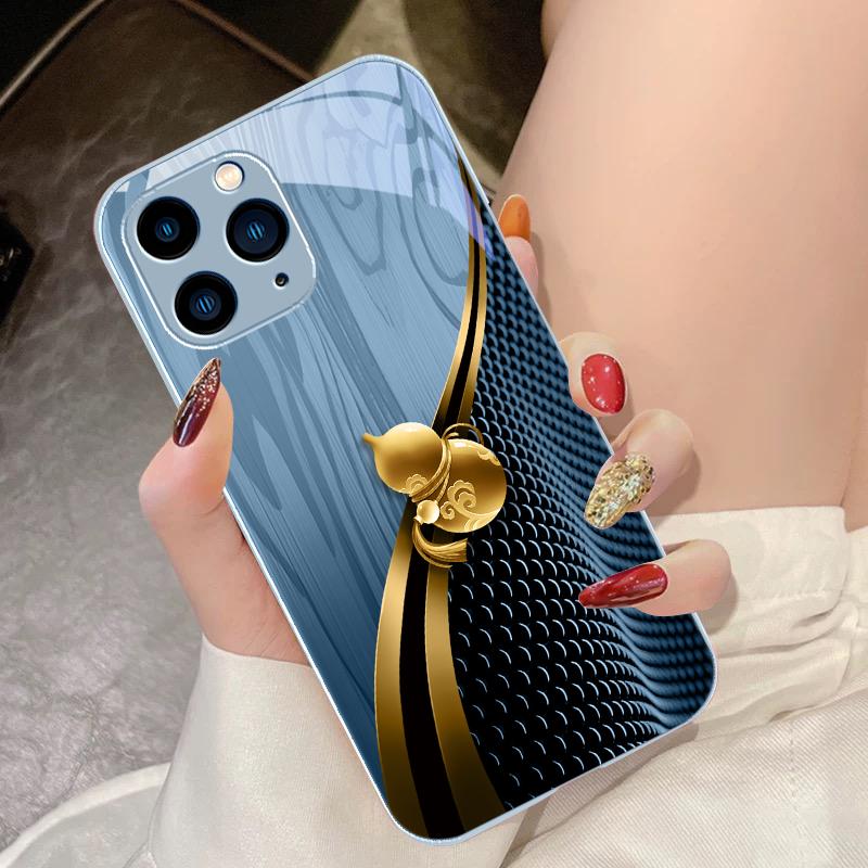 Holzmaserung Goldene Kürbis für iPhone 15 Pro 14 13 12 Mini 11 XS Max XR 7 8 Plus SE 2020 2022 Gehärtetes Glas Handyhülle