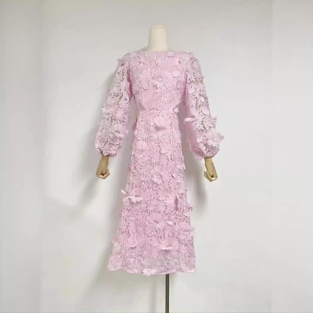 Australian Summer 2024 Floral Round Neck Hollow Waist Long Dress for Women