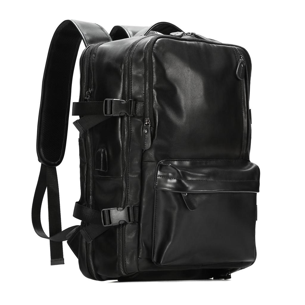 Men's Genuine Leather Expandable Large Capacity Shoulder Backpack for Business Travel