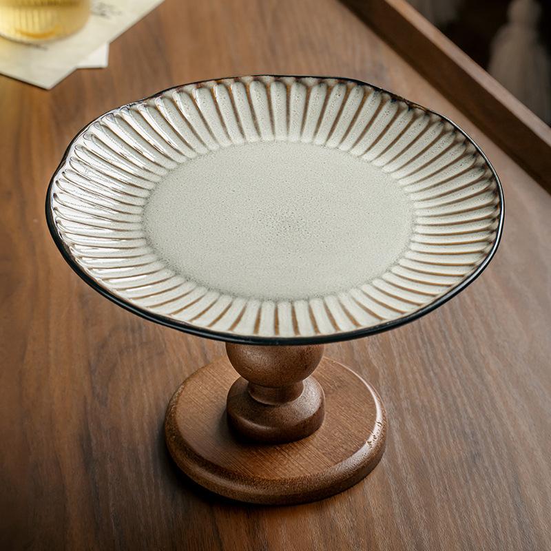 Retro Wooden Fruit Plate High-Footed Tray Household Ceramic Pastry Fruit Plate Housewarming New Home Ornament Export