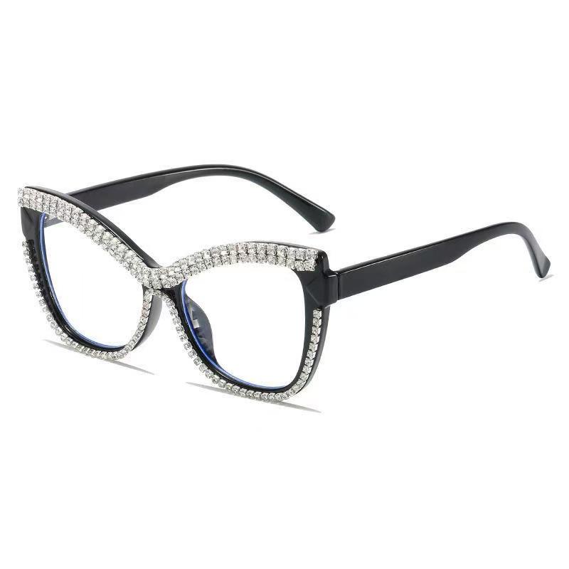 Large Frame Cat-Eye Anti-Blue Light Reading Glasses with Handmade Diamond Decoration