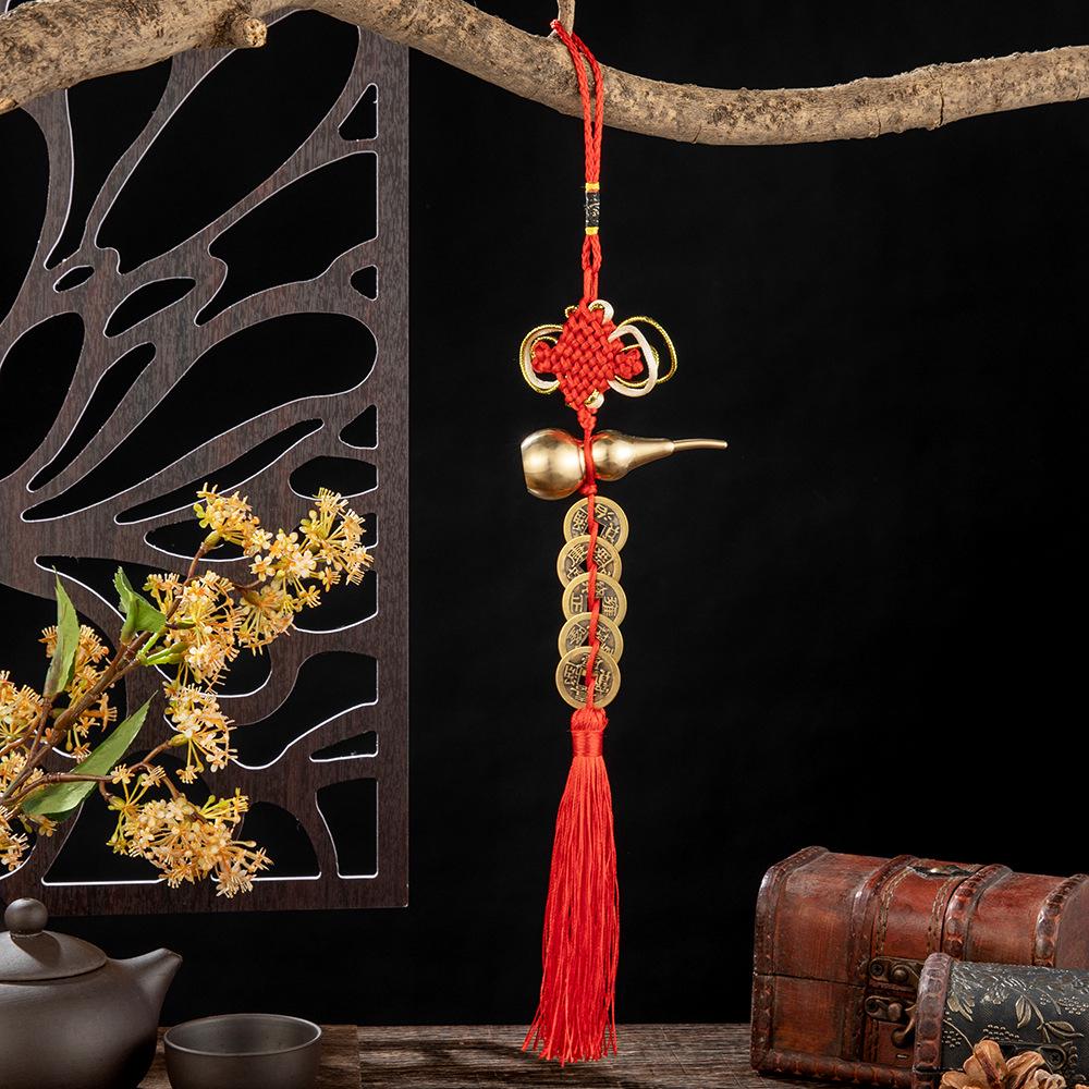 Brass Five Emperors Coins Knot Pendant with Cinnabar Fillable Copper Gourd