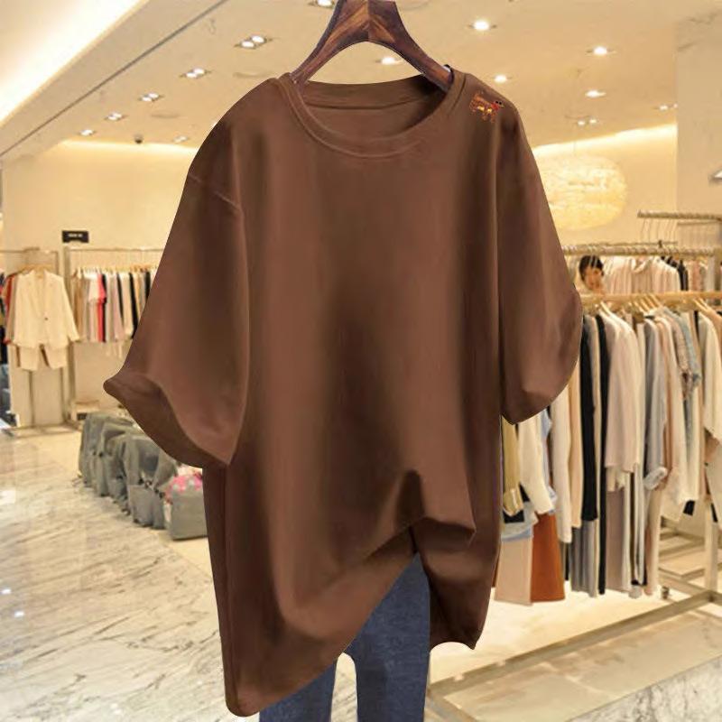 Cotton loose t-shirt women's summer round neck white top medium and long bottoming shirt short sleeves