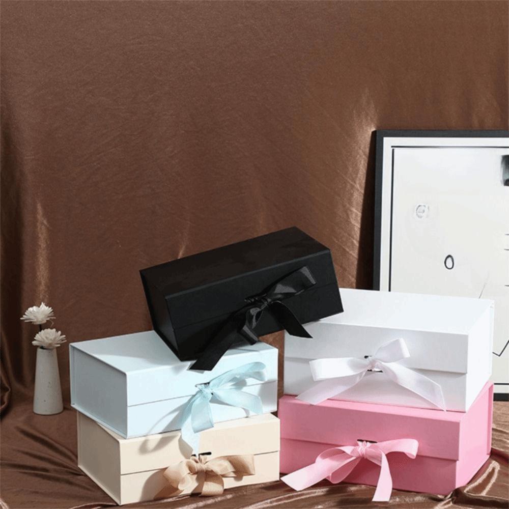 Pure Color Gift Box One-Piece Design Flip Cover Magnetic Closure Box Ribbon Decoration Foldable Gift Packaging Anniversary