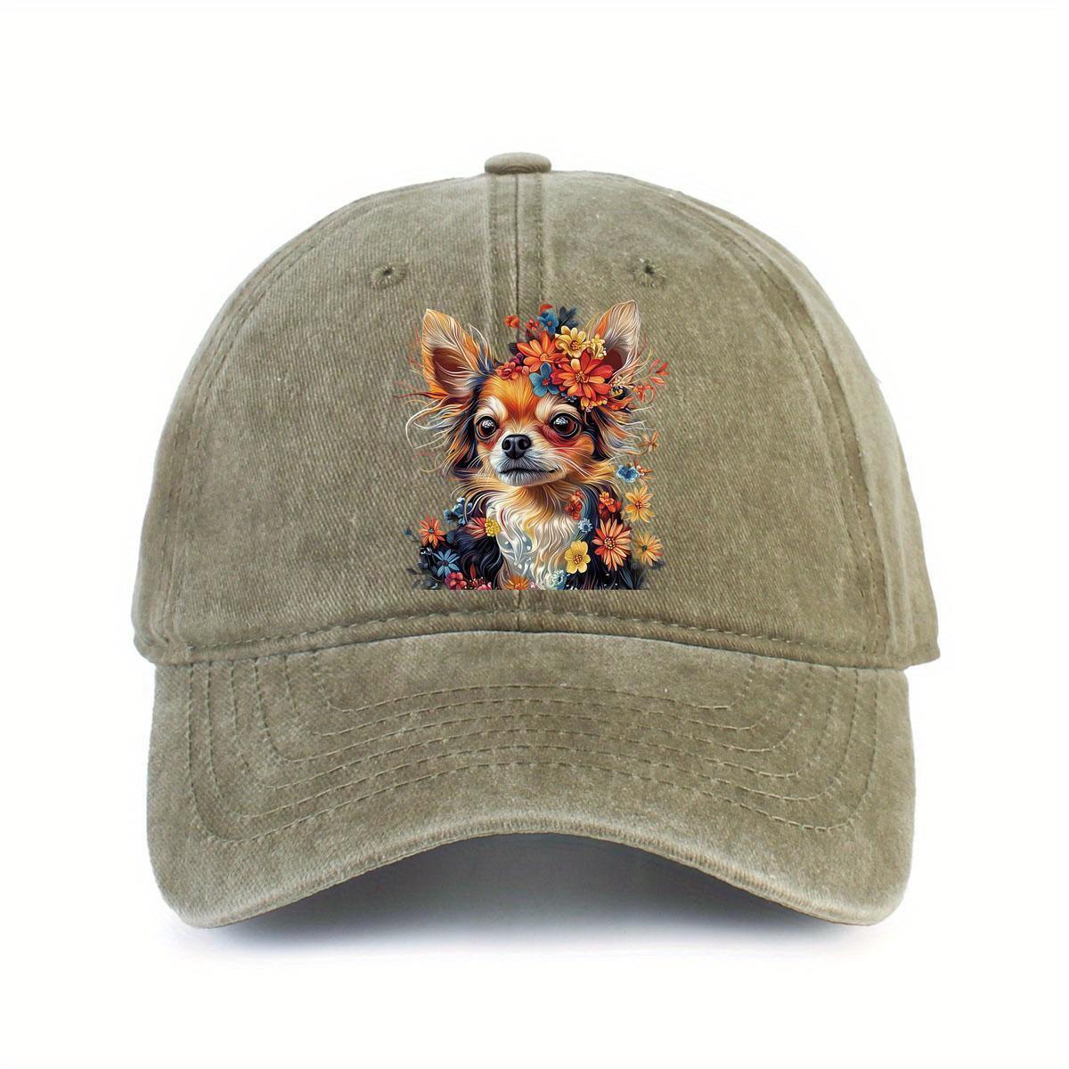 Chihuahua Floral Print Baseball Cap Adjustable Cotton Washed Casual Cap Unisex Adult One Size