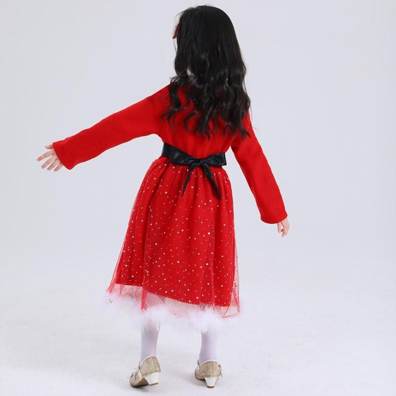 Santa Suit Christmas Santa Clauses Costume for Kids Girls Santa Costume Outfits Bow Headband + Glitter Tutu Dress