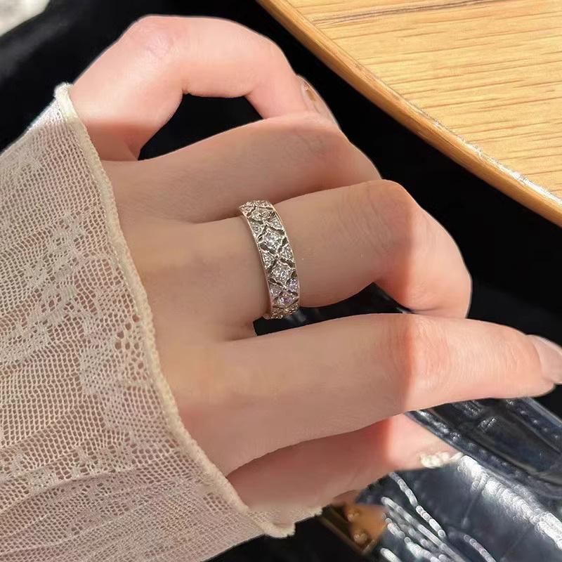 S925 Sterling Silver Rhombus Zircon Lace Ring for Women - Vintage Light Luxury Style