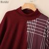 ZANZEA Women Stand Collar Long Sleeve Plaid Print Patchwork Irregular Pullover Tops