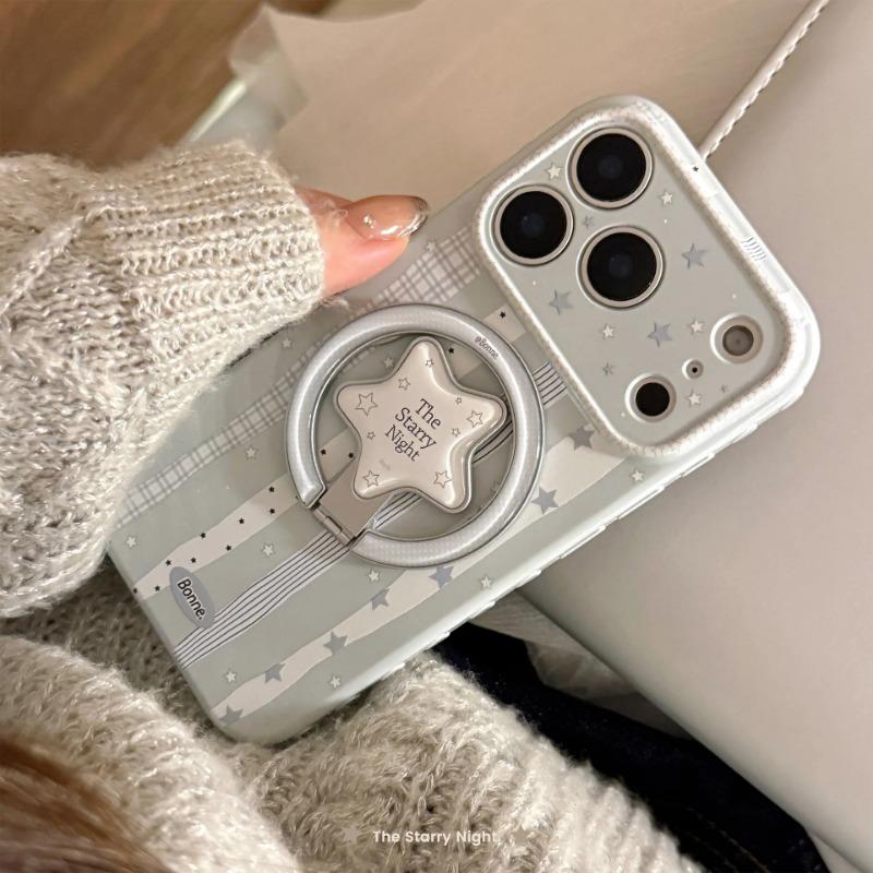 Korean Plaid Striped Splicing Fold Stars Magnetic Bracket Phone Case For iPhone 17 14 15 16 13 12 Pro Max Shockproof Soft Cover