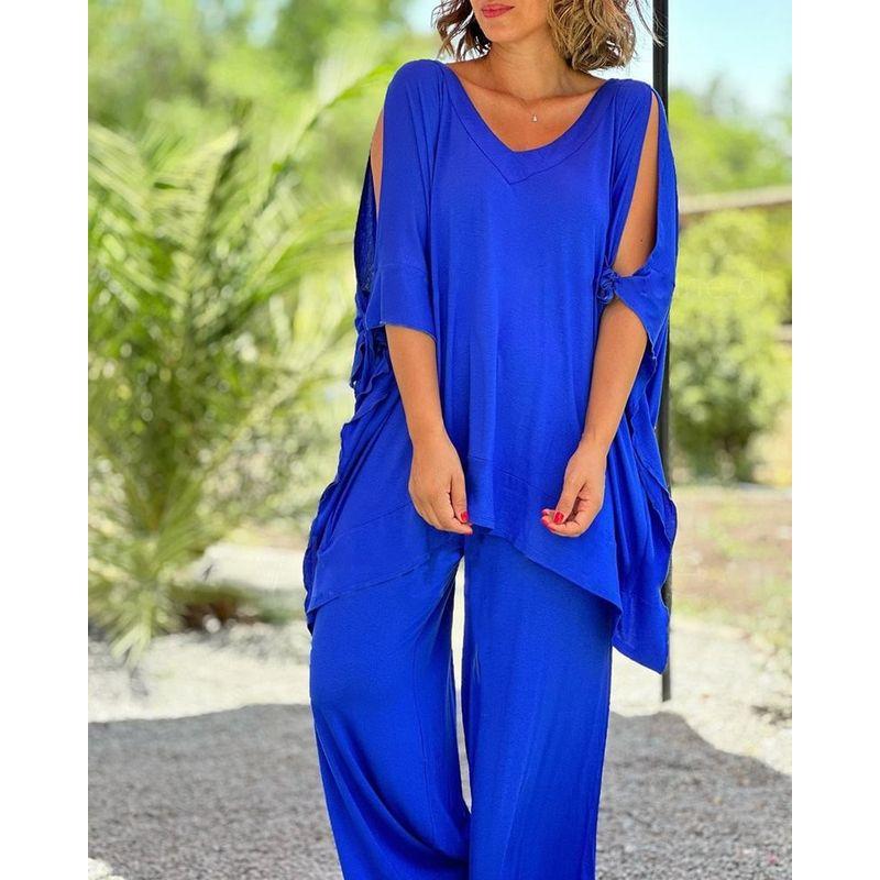 

Five Sleeve Top Loose Pants Set Half Sleeve V Neck Tops Loose Pants Suit Blue L