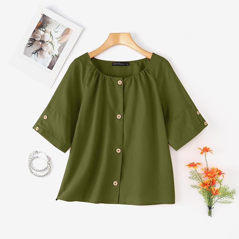 

ZANZEA Женская повседневная блузка с круглым вырезом, однотонная, с рукавами 3/4 3XL