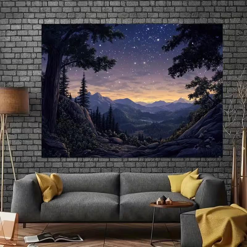 2D Night Mountain Tapestry Starry Sky Forest Sunset Scenery Wall Art 47.2x31.5inch/120*80cm