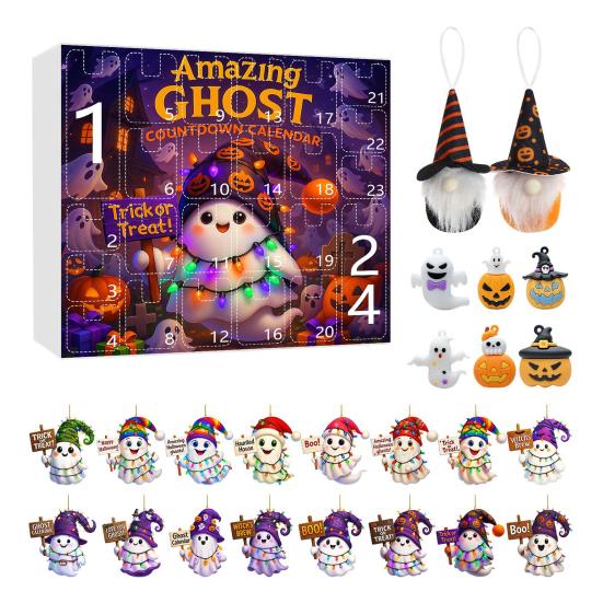 Halloween Advent Calendar 2025 24 Day Countdown Calendar with Acrylic Ghost/Gnome/Pumpkin Ornaments for Indoor Outdoor Home Party Decor