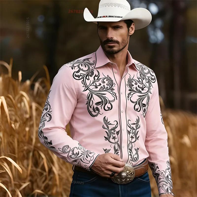 Chemise Western Décontractée en Denim pour Homme, Nouvelle Mode, Motif Imprimé 3D, Chemise Décontractée Rétro pour Vacances avec Boutons, Manches Longues Shi