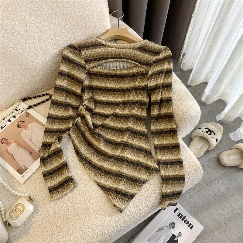 

Модные футболки нестандартной формы для женщин, контрастные футболки с вырезами, осенние топы с длинными рукавами, повседневная футболка в полоску с круглым воротником 29533 XL жёлтый