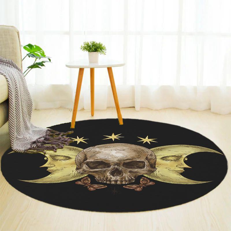 Skull Moon Round Rug Nonslip Area Rug Office Chair Mat Carpet For Living Room Bedroom Home Decor
