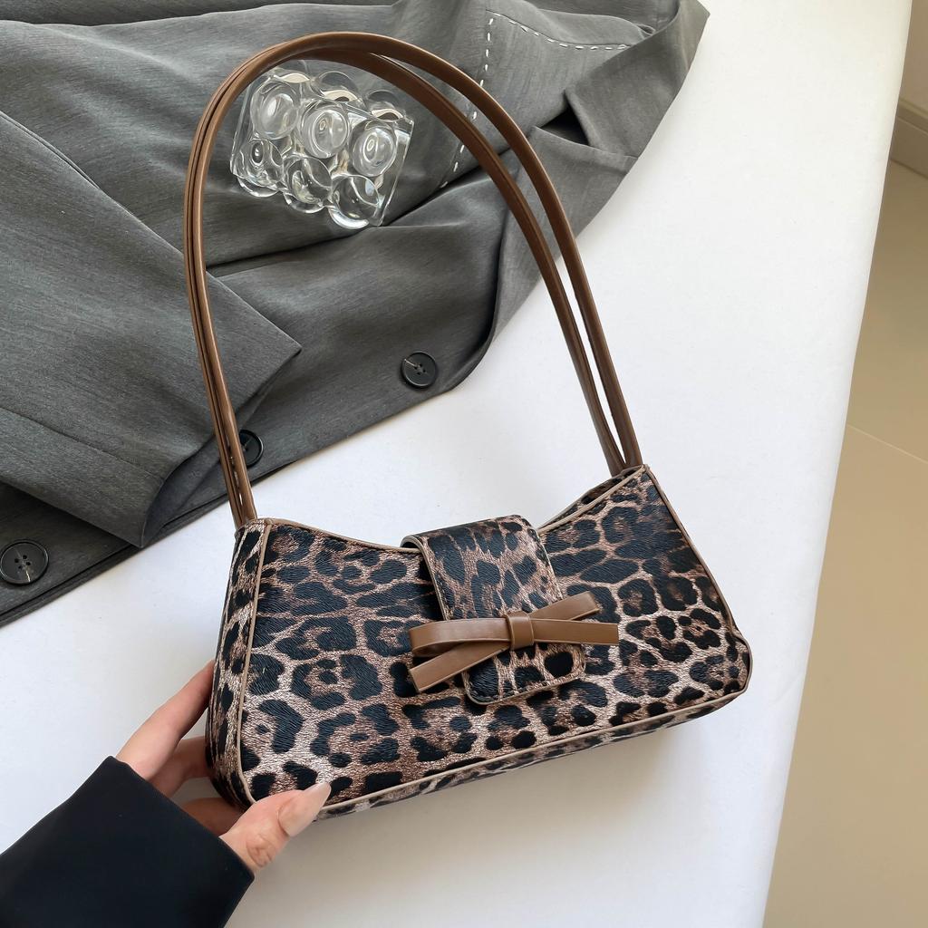 Leopard-print retro-chic handbag lady's casual high-end bow cross-commuter shoulder bag