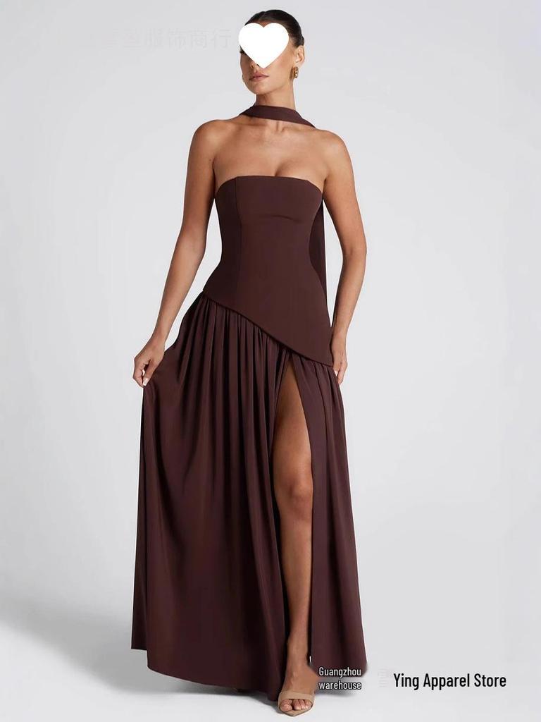 Chique Strapless Effen Kleur Maxi Jurk – Sexy Backless Design met Hoge Split