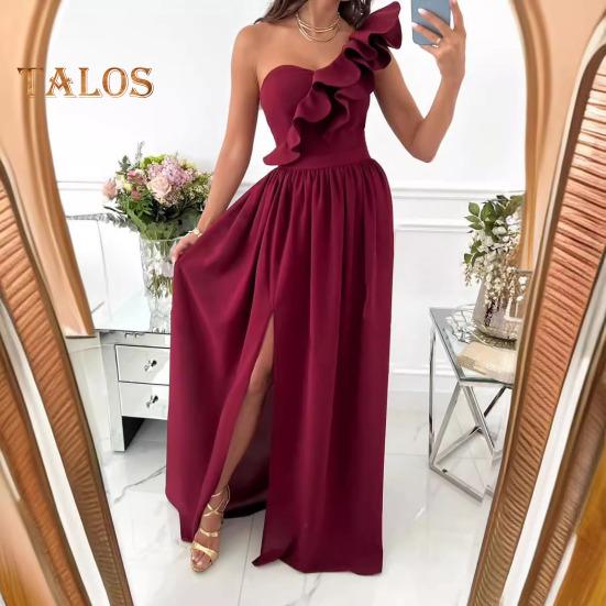 Lady Evening Dress One Shoulder Sleeveless Split Hem Solid Color Ruffle Pleated Solid Color Off Shoulder Prom Cocktail Party Maxi Dress Ball Gown