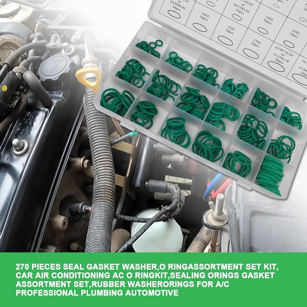 Car Air Conditioning AC O Ring Kit Sealing ORings Gasket Assortment Set 270 Pieces Seal Gasket Washer A/C Professional Plumbing Automotive Rubber