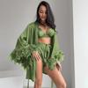 Womens Soft Feather Splicing Pajama Set 3-Piece Thin Breathable Loungewear All