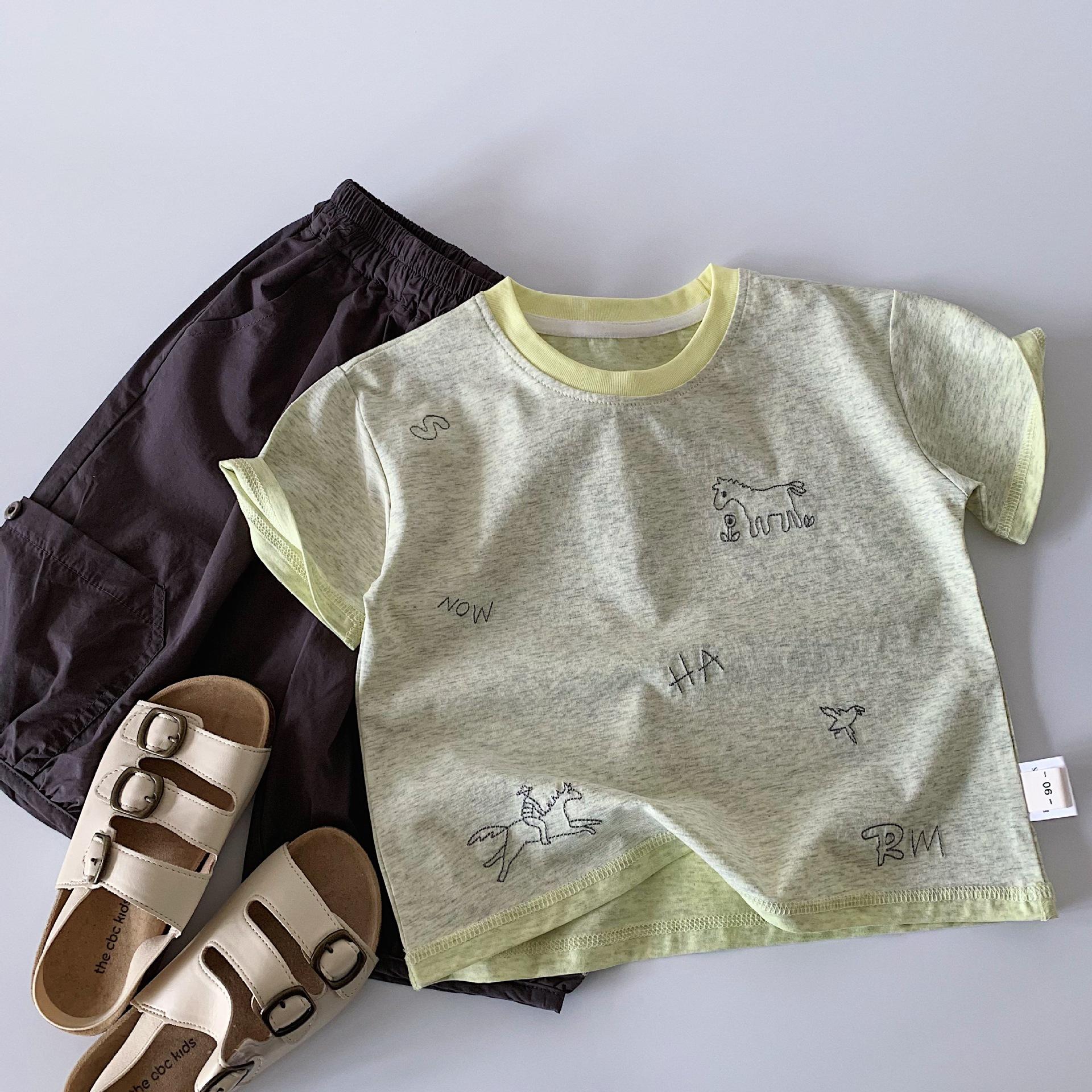 Korean Style Kids Embroidered Color Block Short Sleeve T Shirt For Boys Girls 90cm серый
