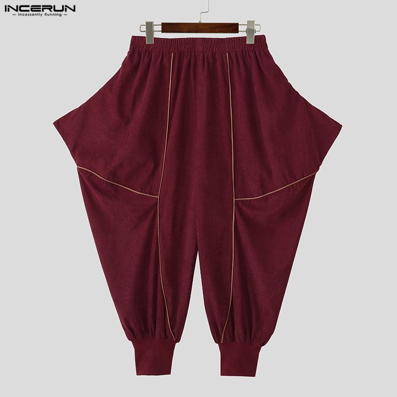 INCERUN Men Elastic Waist  Stitching Casual Long Texture Drop-crotch Pants Trousers