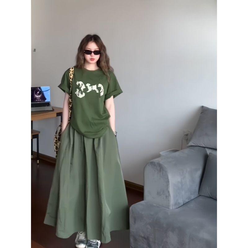 

Plus Size Plus Size Ladies Japanese-Style Retro Short Sleeve T-shirt Top Women s Summer Idle Style Stylish High Waist Skirt Two-piece Set Green Top 3XL