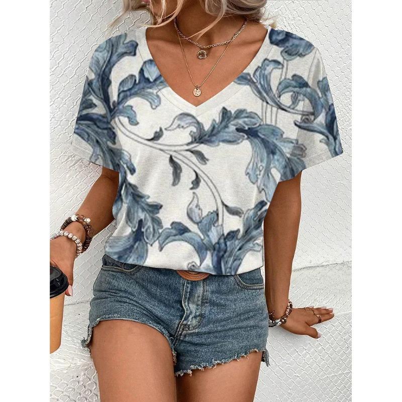 Summer New Product Cool And Comfortable V-neck T-shirt Women's Elegant Flower Print Top Casual Simple Short Sleeved T-shirt