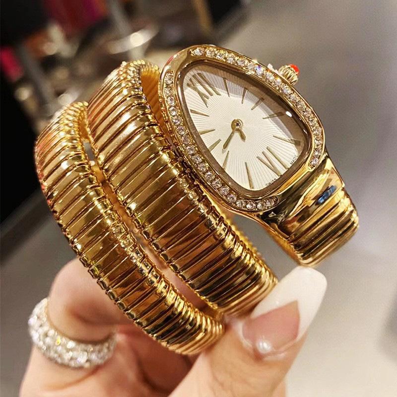 Orologio da donna al quarzo con cinturino in acciaio a due cerchi a forma di serpente, personalità, completamente diamantato, produttore